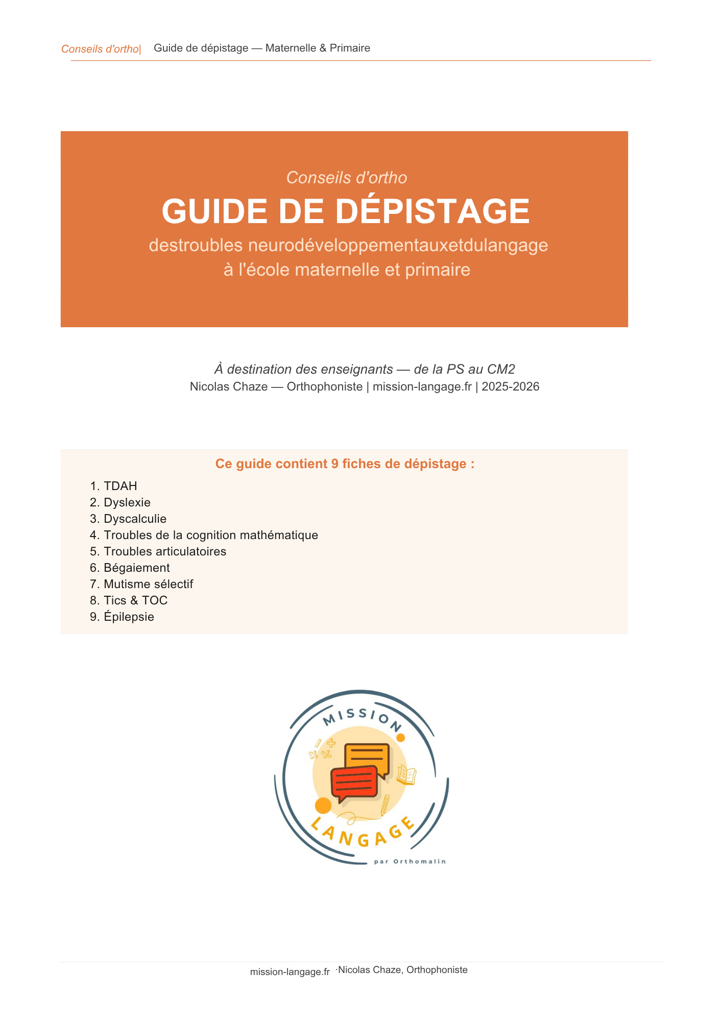 Guide de dépistage des troubles neurodéveloppementaux et du langage