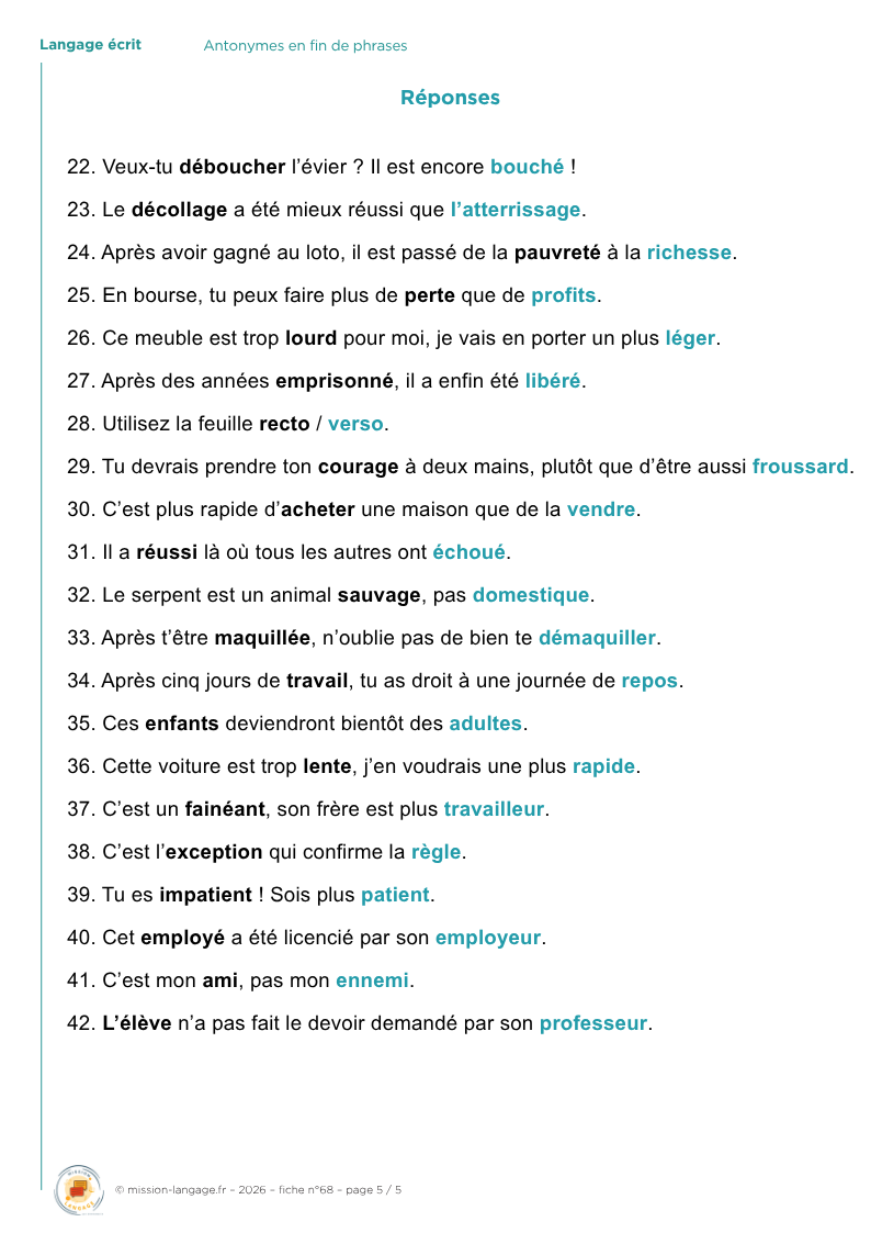 Antonymes en fin de phrases