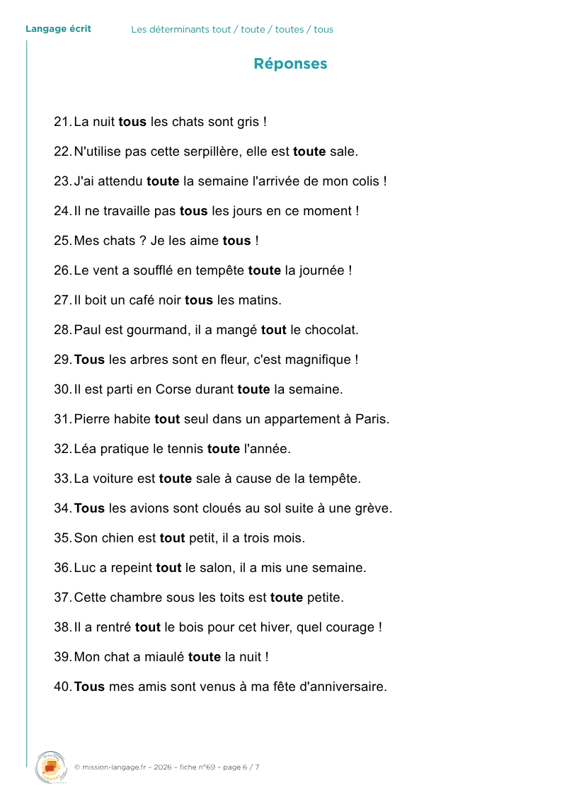 Les déterminants  tout / toute / toutes / tous