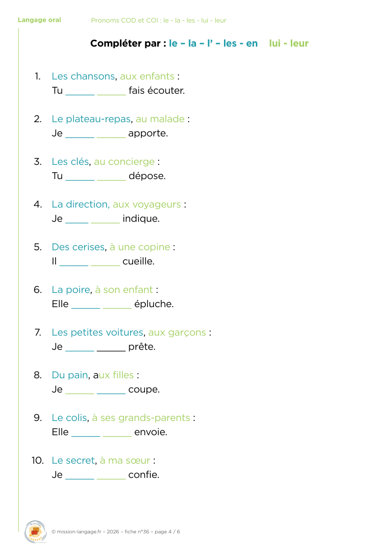 Pronoms COD et COI : le - la - les - lui - leur