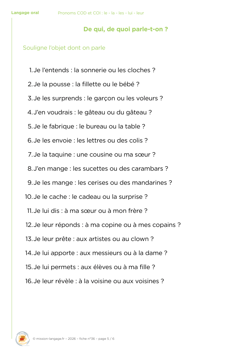 Pronoms COD et COI : le - la - les - lui - leur