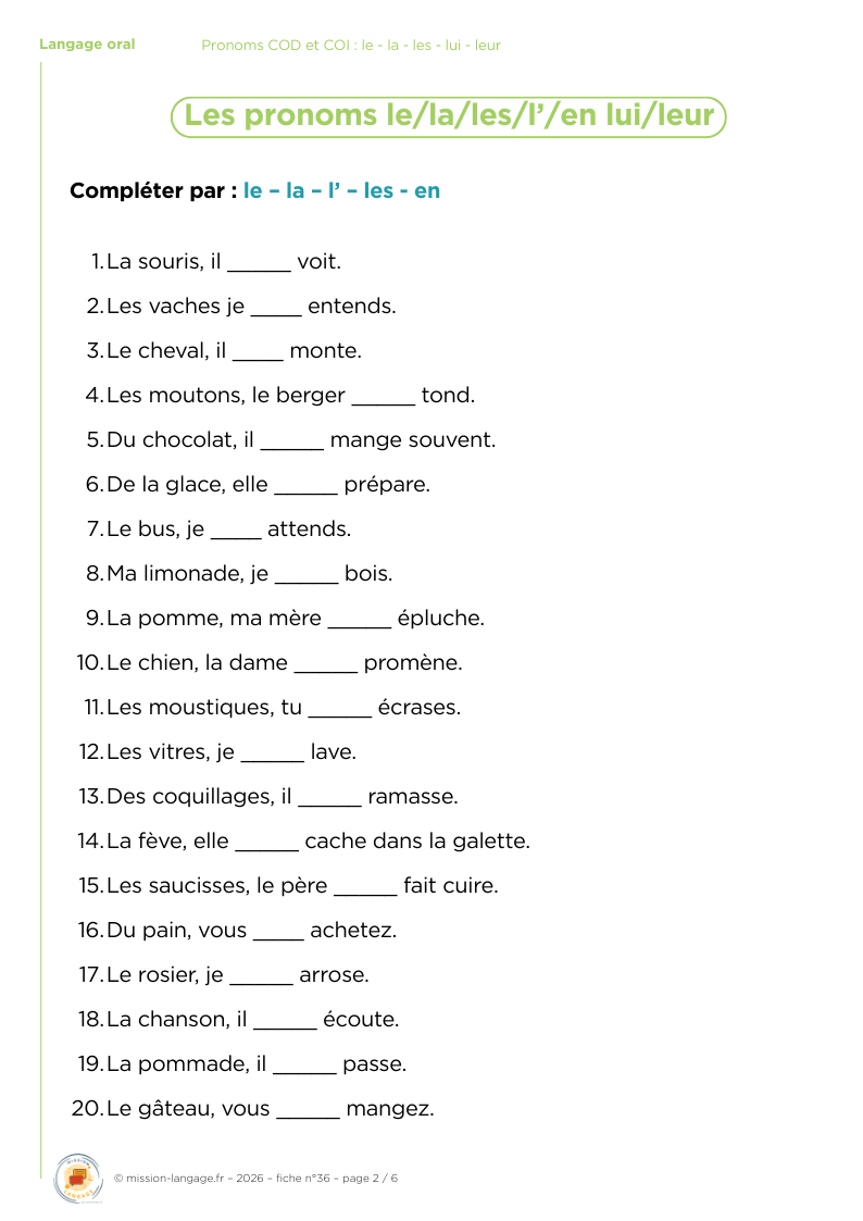 Pronoms COD et COI : le - la - les - lui - leur