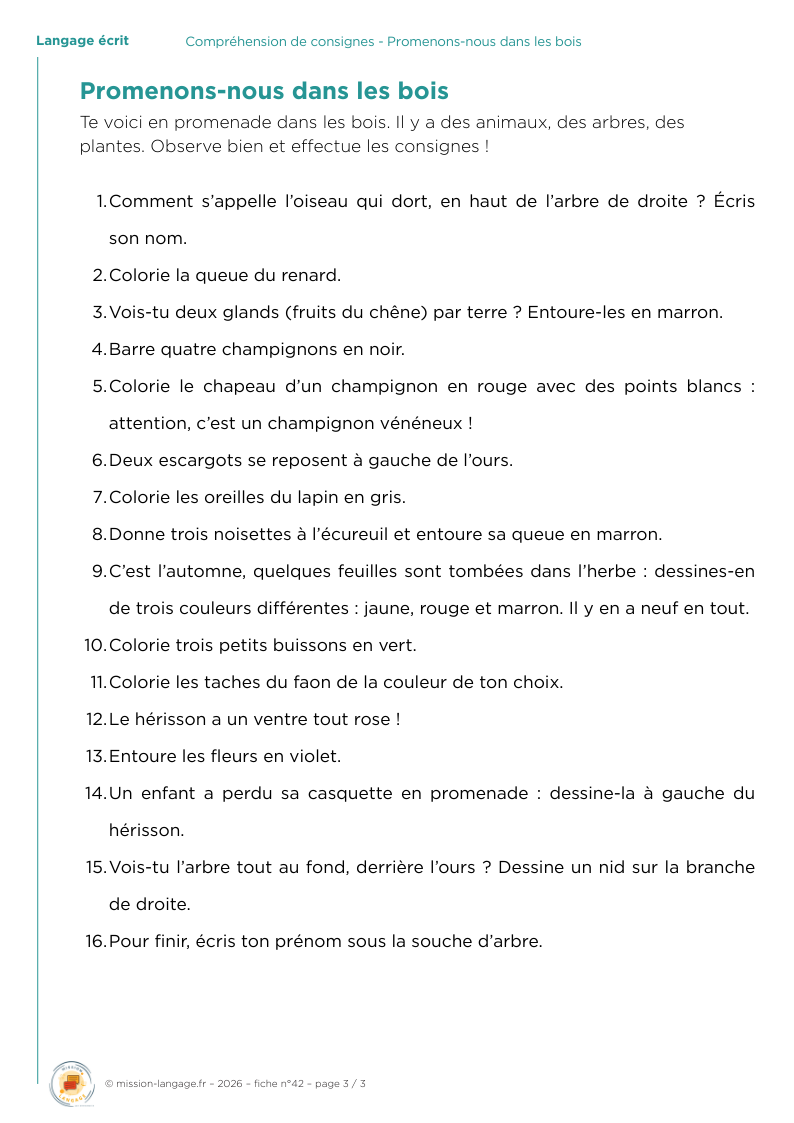 Compréhension de consignes - Promenons-nous dans les bois