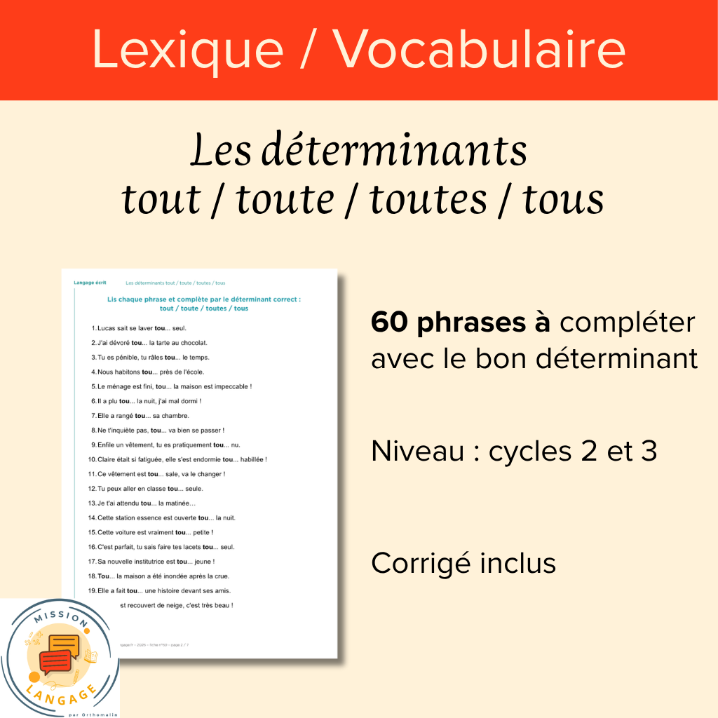 Les déterminants  tout / toute / toutes / tous